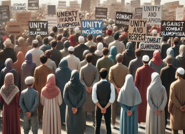 DALL·E 2024-10-17 00.23.58 - A realistic image showing a peaceful protest or demonstration for the International Day to Combat Islamophobia. The scene features a diverse, multicul