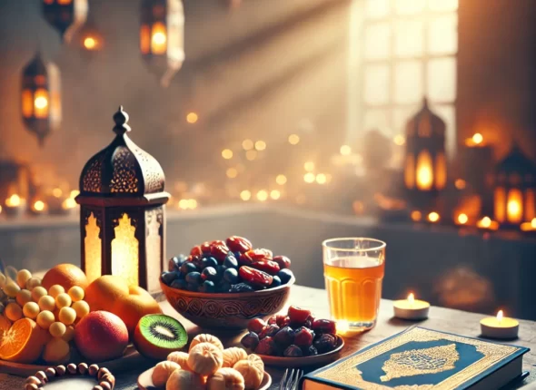 DALL·E 2024-10-17 00.24.36 - A serene and inspiring image illustrating the themes of Ramadan, spirituality, and healthy eating. The scene shows a table set for Iftar, the meal to