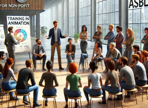 DALL·E 2024-10-17 00.50.03 - A realistic and engaging image representing a training session for aspiring animators in an ASBL (non-profit organization). The scene shows a group of