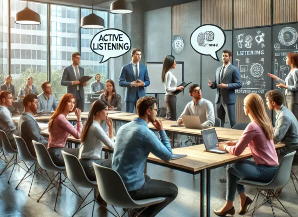 DALL·E 2024-10-17 00.54.14 - A realistic image representing a communication skills training session. The scene shows a diverse group of participants engaging in both verbal and no